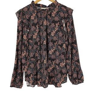 Loft Womens Blouse Top Size Large Long Sleeve Keyhole Blue Floral Print Ruffles